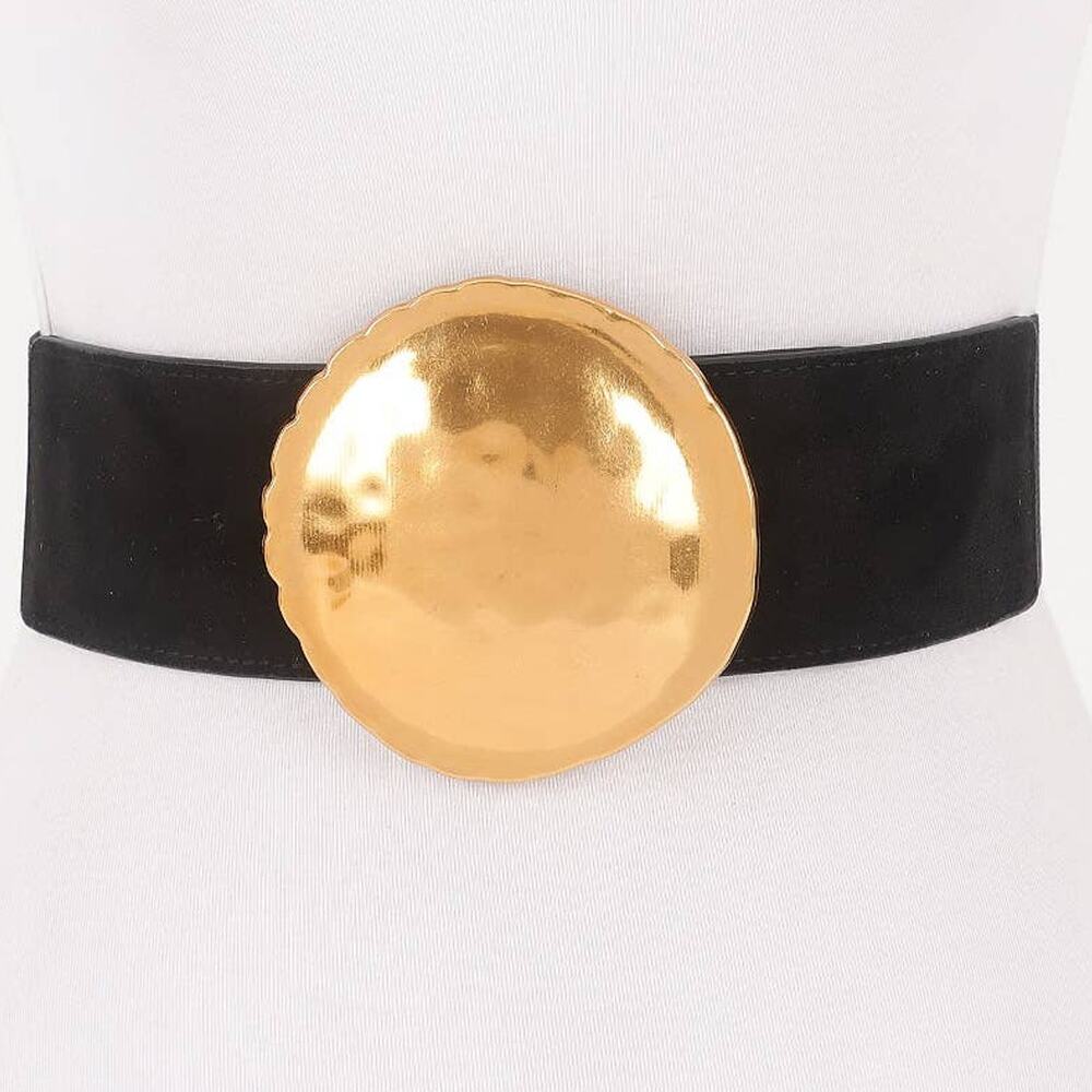 Round Gold Buckle Elastic Belt – Black